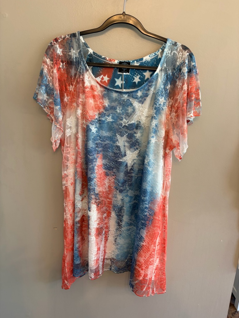Cal Style Womens Blouse Size XL Floral Lace American Flag Short Sleeve Lined Top